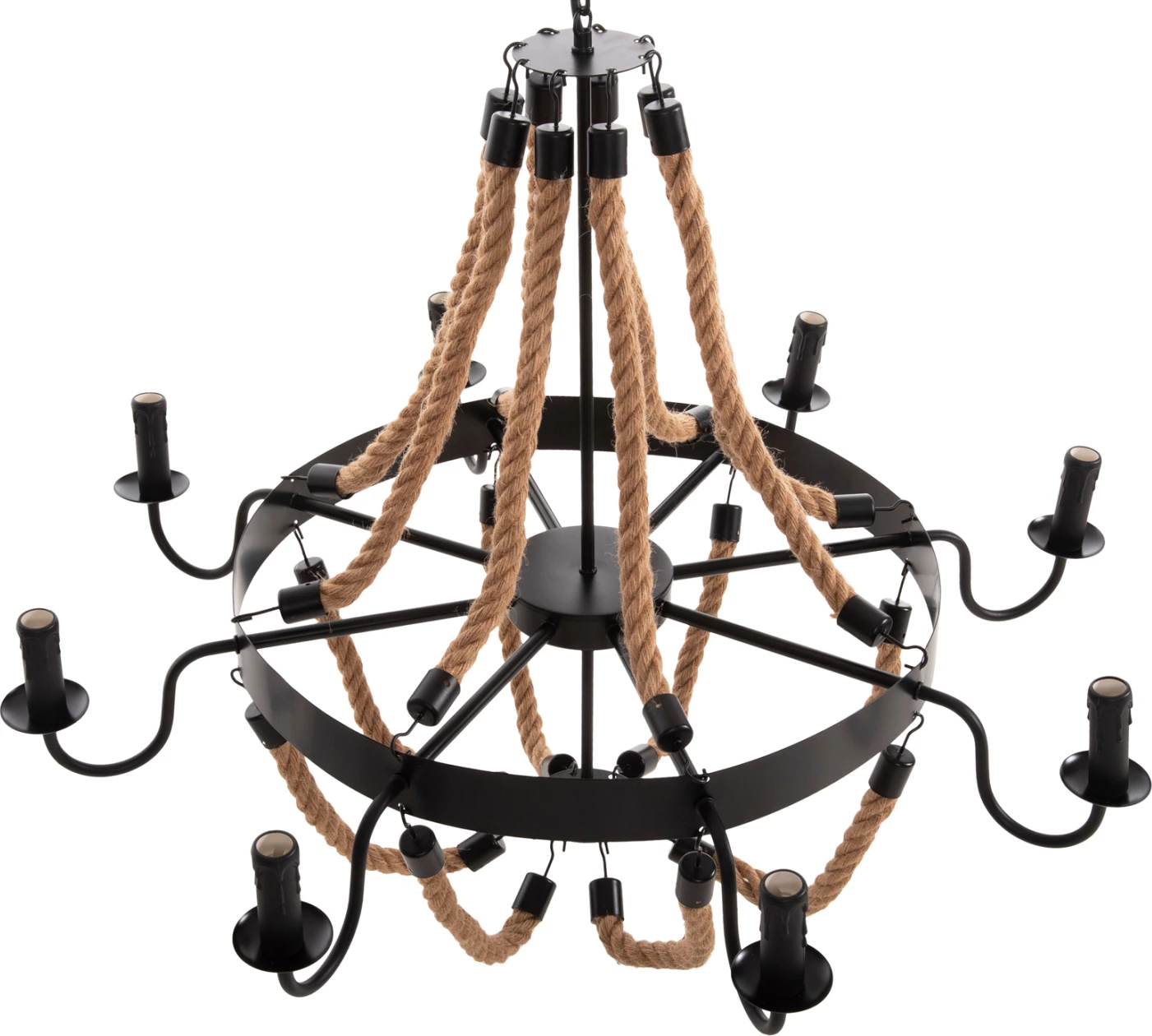 Stropna viseča svetilka z 8 lučmi FH4178 vrv in črna kovina 84x84x121Hcm