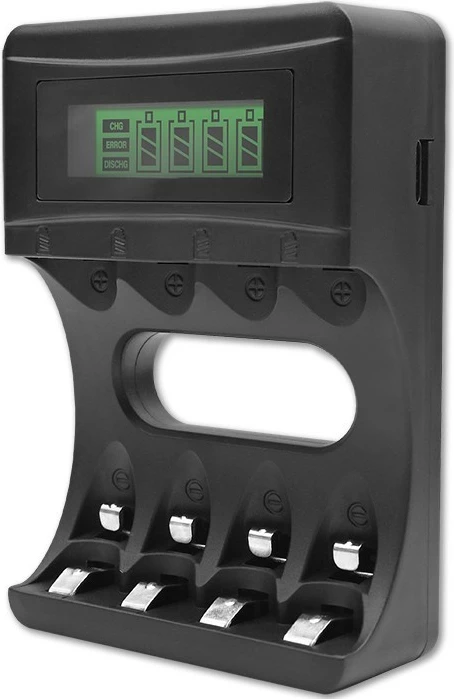 Polnilec baterij Qoltec 50654, Ni-MH/Ni-Cd, 4 mesta, z LCD zaslonom, črn