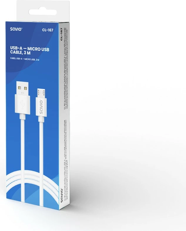 Kabel USB-A na micro USB, Savio CL-167, 3 m, bel