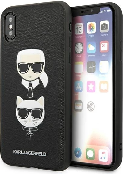 Elegantna zaščitna prevleka za iPhone XS Max, Karl Lagerfeld Saffiano Karl&Choupette Head, črna