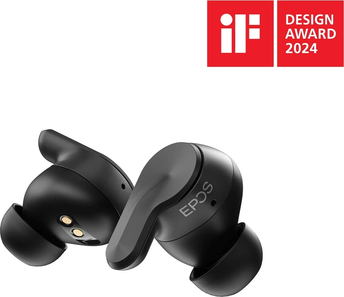 Pravi brezžični slušalke EPOS ADAPT E1TWS, Bluetooth 5.3, črne, s polnilno škatlico