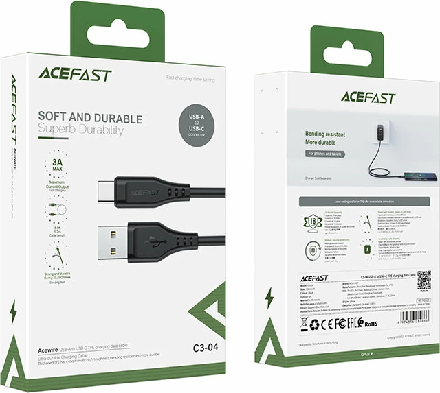 USB kabel Acefast C3-04, 1,2 m, 3 A, črn
