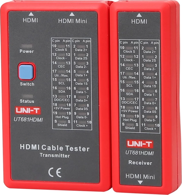 Tester kablov HDMI UNI-T UT681HDMI, LED 19 pinov, 3 načini testiranja (fast/scan/full), podpora Mini HDMI, baterija 9V, rdeče-siv, komplet oddajnik + sprejemnik