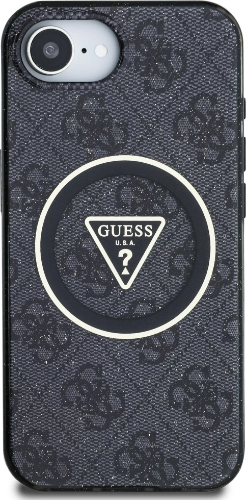 Ovitek za telefon z IML metalnim bleščicami 4G Circle Triangle, MagSafe, Guess za iPhone 16e, črn