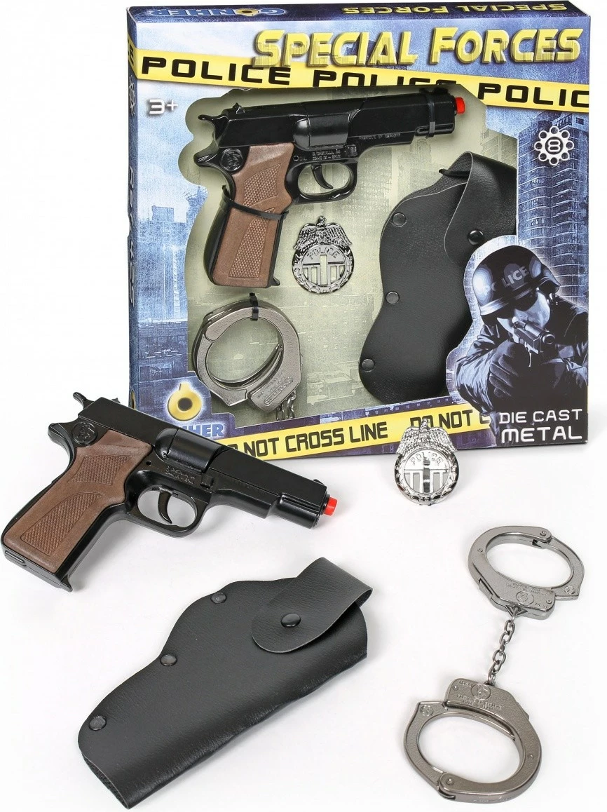 Igralni policijski komplet za otroke, Pulio Gonher 155425/6, z igralno kovinsko pištolo, lisicami in futrolo, črno/rjavo/srebrno