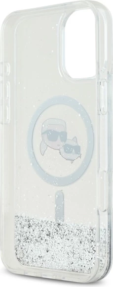Prozoren ovitek z tekočim bleščicami Karl Lagerfeld Liquid Glitter Karl & Choupette Head MagSafe za iPhone 16 Plus