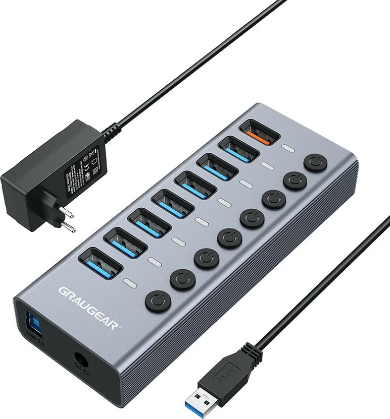 USB razdelilec z 7 USB 3.0 in hitrim polnjenjem, GrauGear, aluminij