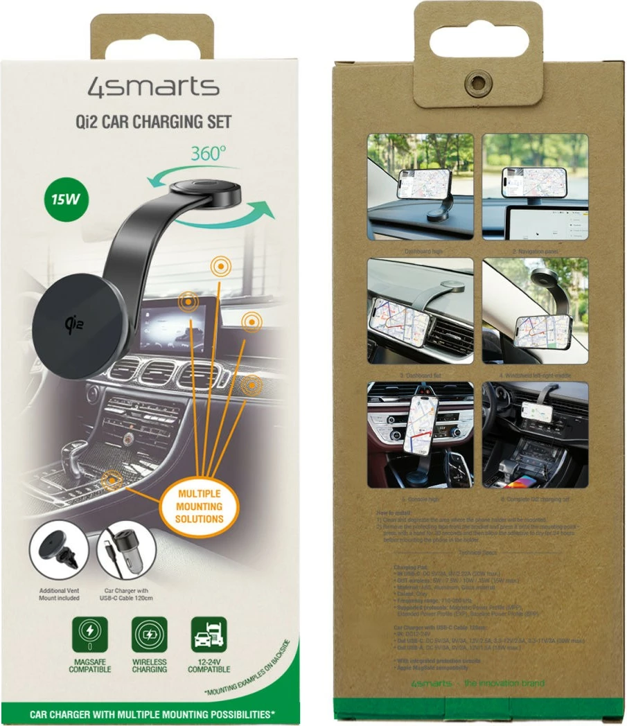 Brezžični polnilnik Qi2 za avto 4smarts, 12 V, 1,2 m, siv