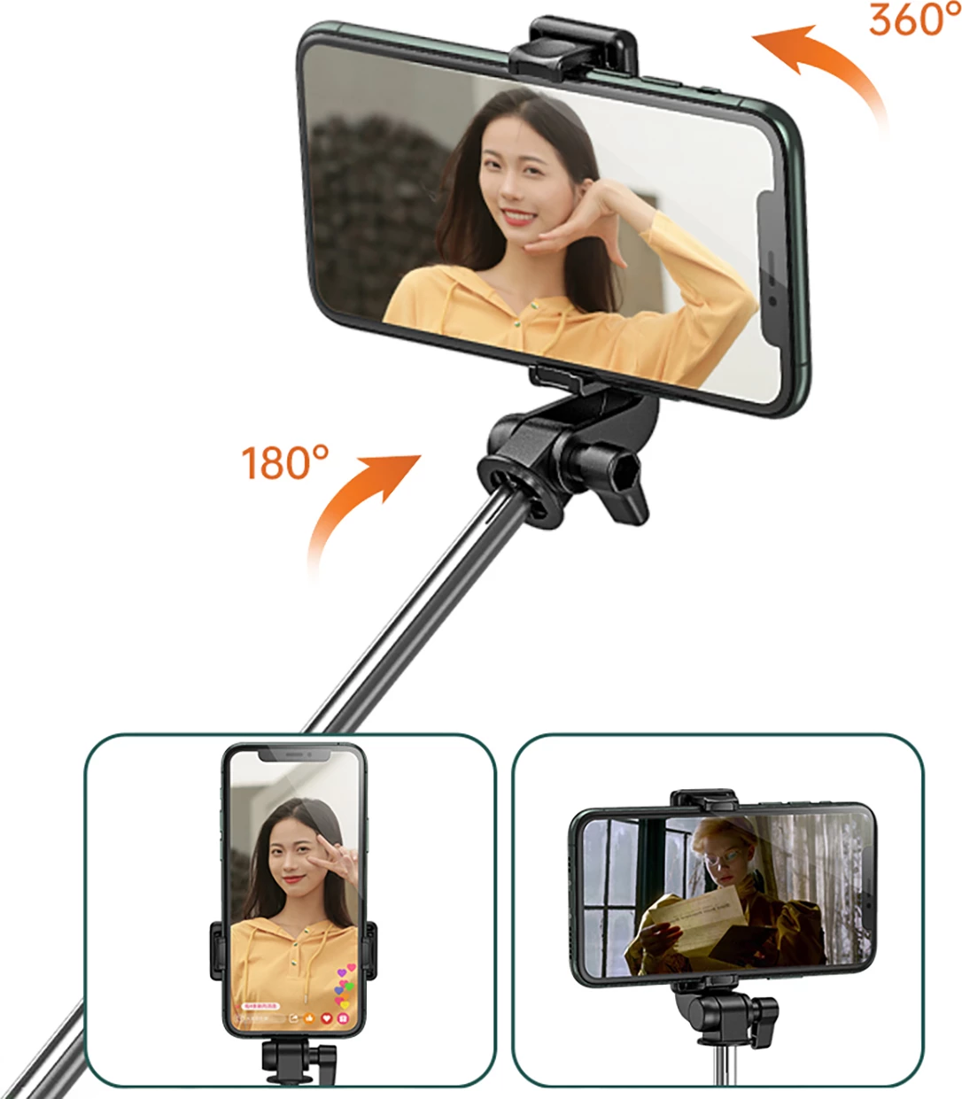 Selfie palica z integralnim stojalom Wozinsky WHS1Y, 1 m, nosilec za telefon, črna