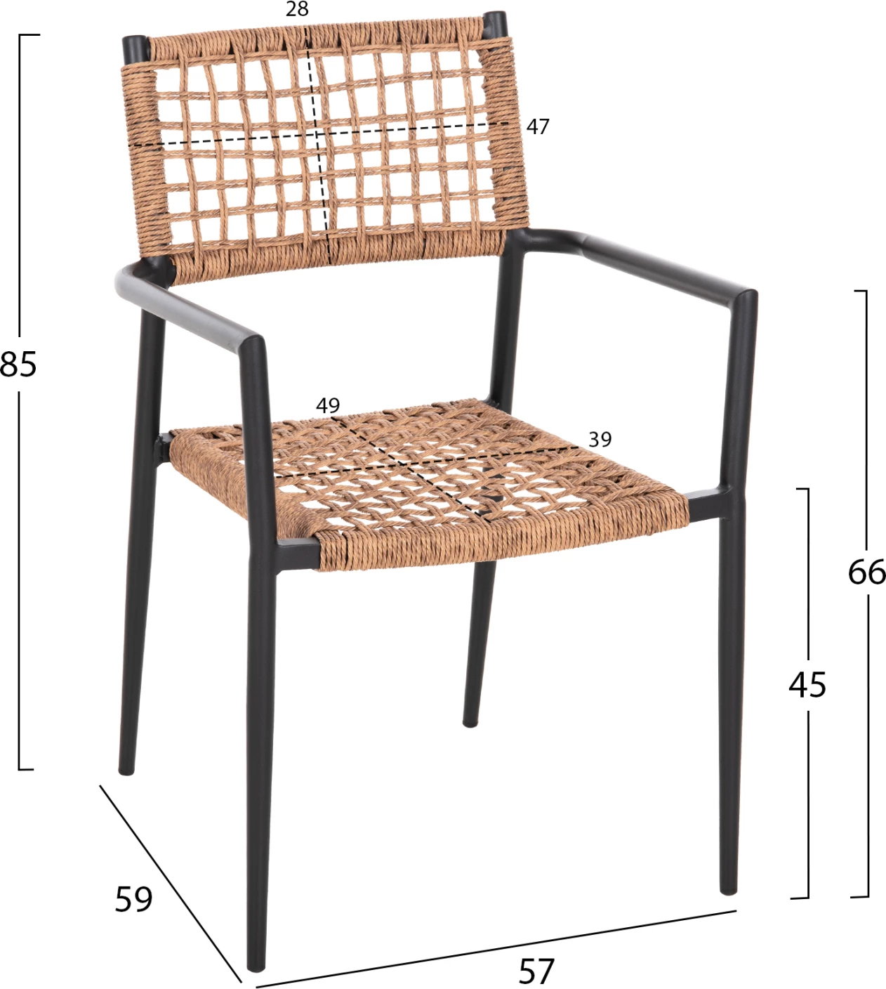 Stol TRILAN FH6044.02, aluminij, črn - sintetični ratan, naraven, 57x59x85 cm