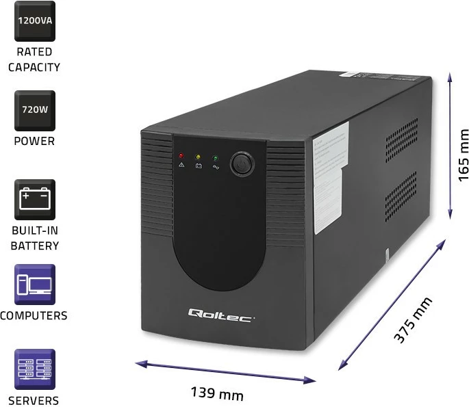 UPS ohišje Qoltec 53775, 1200VA, 720W, črno
