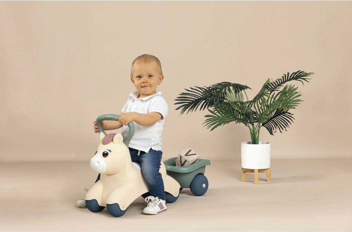 Jezdljiva igrača Baby Pony Smoby 7600140502, plastika, bež/siva/bela, s prikolico