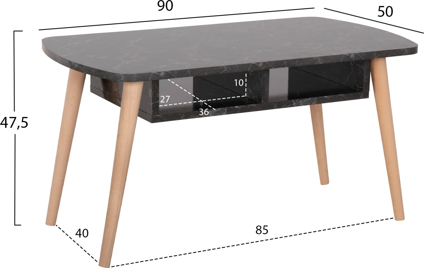 Klubska miza SLIVEN FH18178.02 črna marmorna melamina-noge v naravni barvi 90x50x47,5Hcm