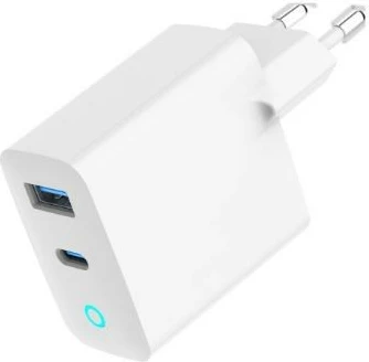 Stenski polnilec 30W, 2 vrata USB-A/USB-C, GaN, LED, PD in QC3.0 - Gembird TA-UC-PDQC30L-W-01, bel