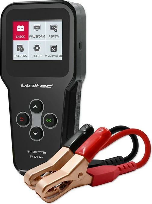 Tester akumulatorjev Qoltec 3-v-1, model 52489, LCD, 6V/12V/24V, črn, z etuijem
