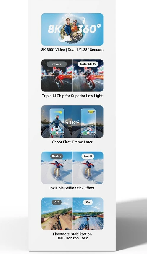 Športna kamera Insta360 X5 Standard Bundle, 8K, 360°, 2400 mAh, črna