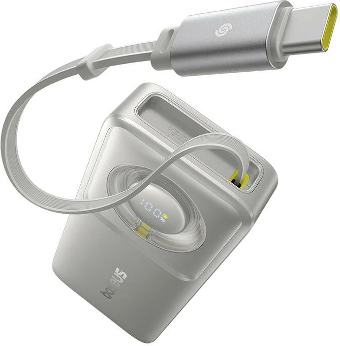 Powerbank 10000 mAh, 30 W z vgrajenim kablom Baseus OS Free2Pull, siva