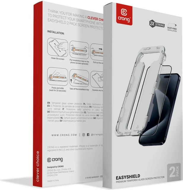 Kaljeno steklo CRONG EasyShield, 2-pack za iPhone 16 / iPhone 15, 2 kosa, črni okvir