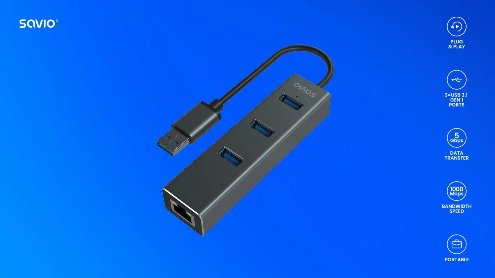 Adapter z 3 vrati USB-A 3.1 Gen 1 in RJ-45 Gigabit Ethernet, Savio AK-58, temno siv