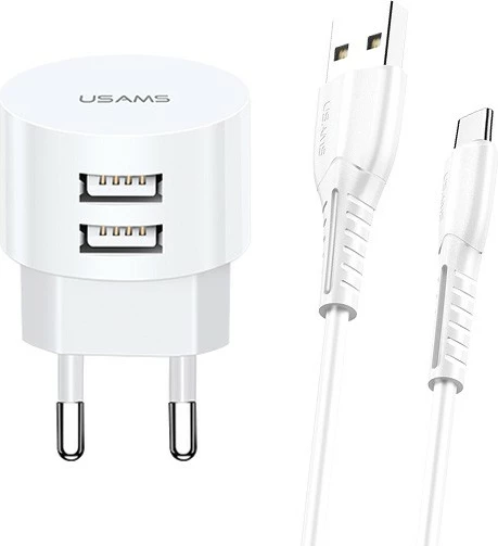Omrežni polnilec z 2x USB, 2,1 A, s kablom USB-C, bel USAMS T20