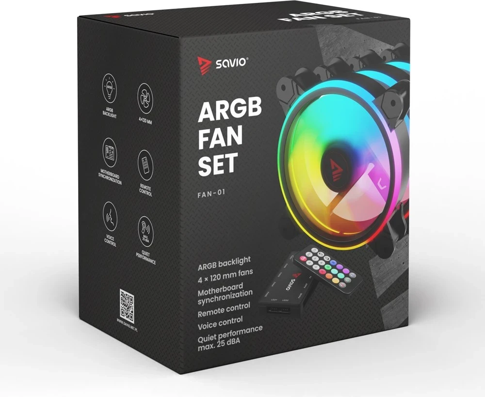 ARGB ventilatorji za ohišje SAVIO FAN-01, 4 kosa s krmilnikom in daljinskim upravljalnikom