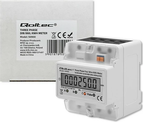 Trofazni merilnik energije Qoltec 50900, LCD, montaža na DIN letev, siv
