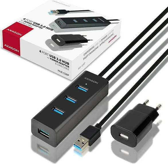 USB razširitveni hub AXAGON HUE-S2BP, 4-portski, z vgrajenim polnilcem, 1,2 m, črn