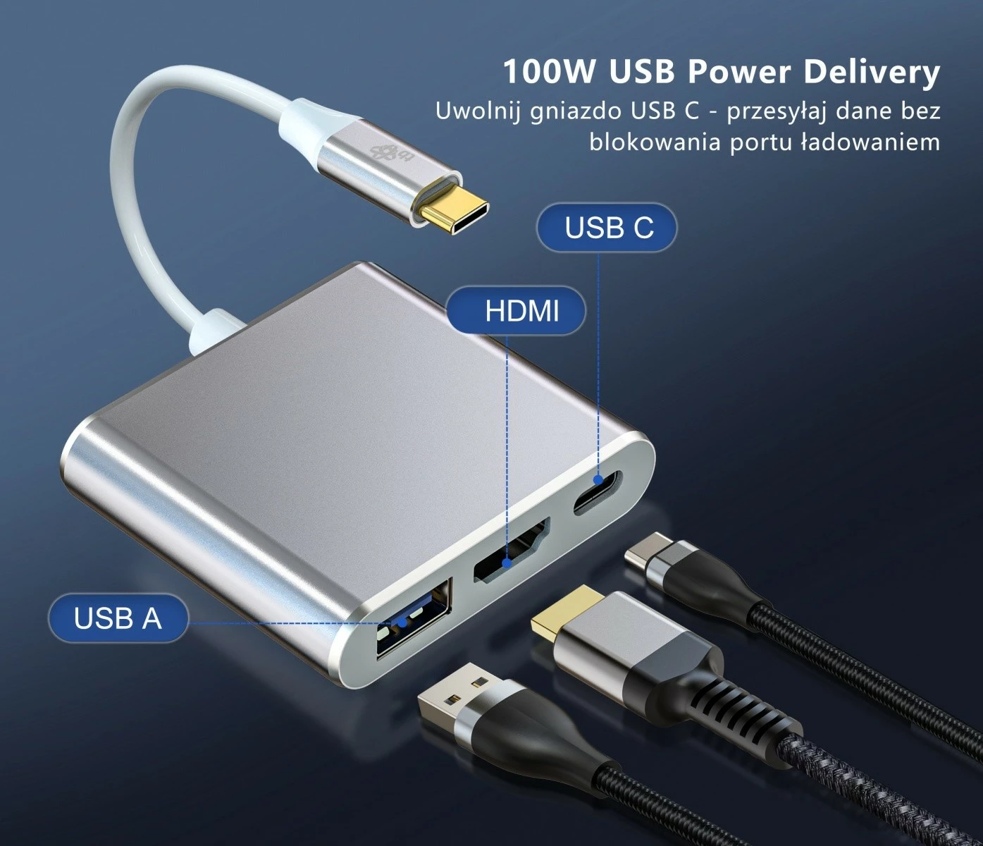 HUB-adapter USB-C 3-v-1 TB, HDMI, USB 3.0, Power Delivery, srebrn
