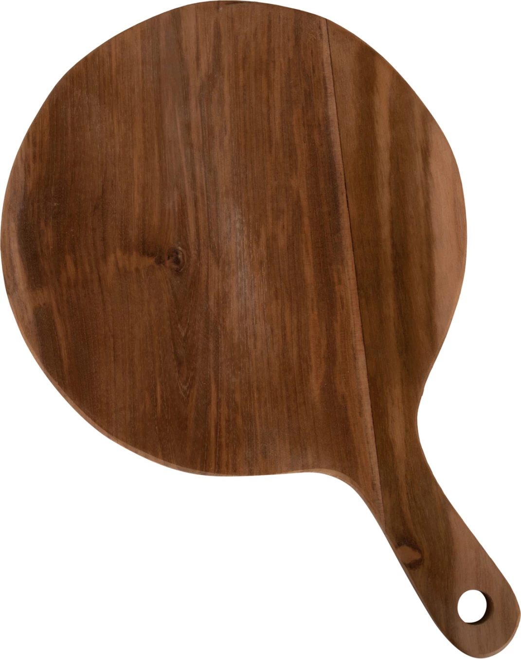 Okrogla deska za rezanje FH4292 iz tikovine v naravni barvi z luknjo za obešanje in ročajem 23x35x2Hcm