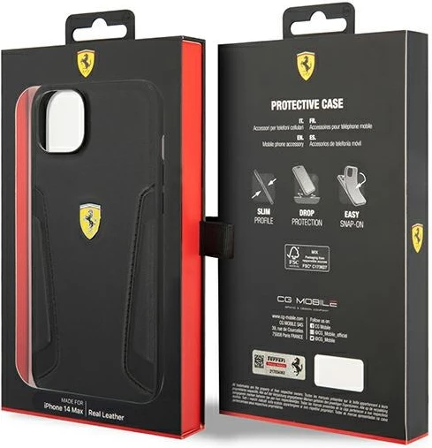 Ovitek iz usnja za iPhone 14 Plus 6,7", Ferrari FEHCP14MRBUK, črn