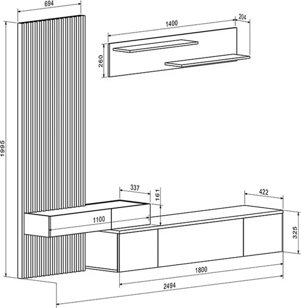 Kombinacija TV pohištva DORT FH18076.02 melamin v sonoma-črni barvi 249.5x42.2x199.5H cm
