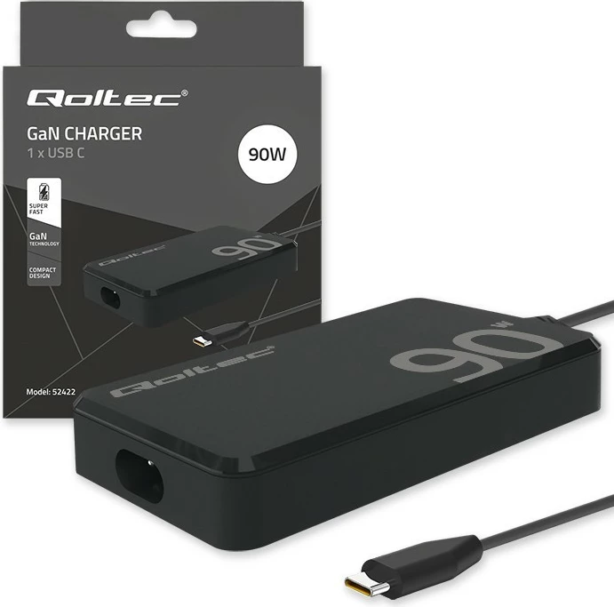Stenski hitri polnilec 90W GaN, USB-C 3.1, s kablom, črn, Qoltec 52422
