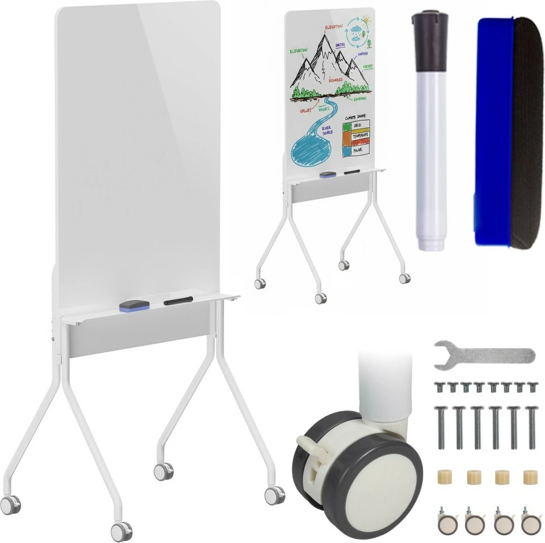 Tabla za suho brisanje 119x79 cm, mobilna z 4 kolesi z zavoro, nemagnetna, vertikalna, vključuje marker in gobico — Ergo Office ER-305, bela