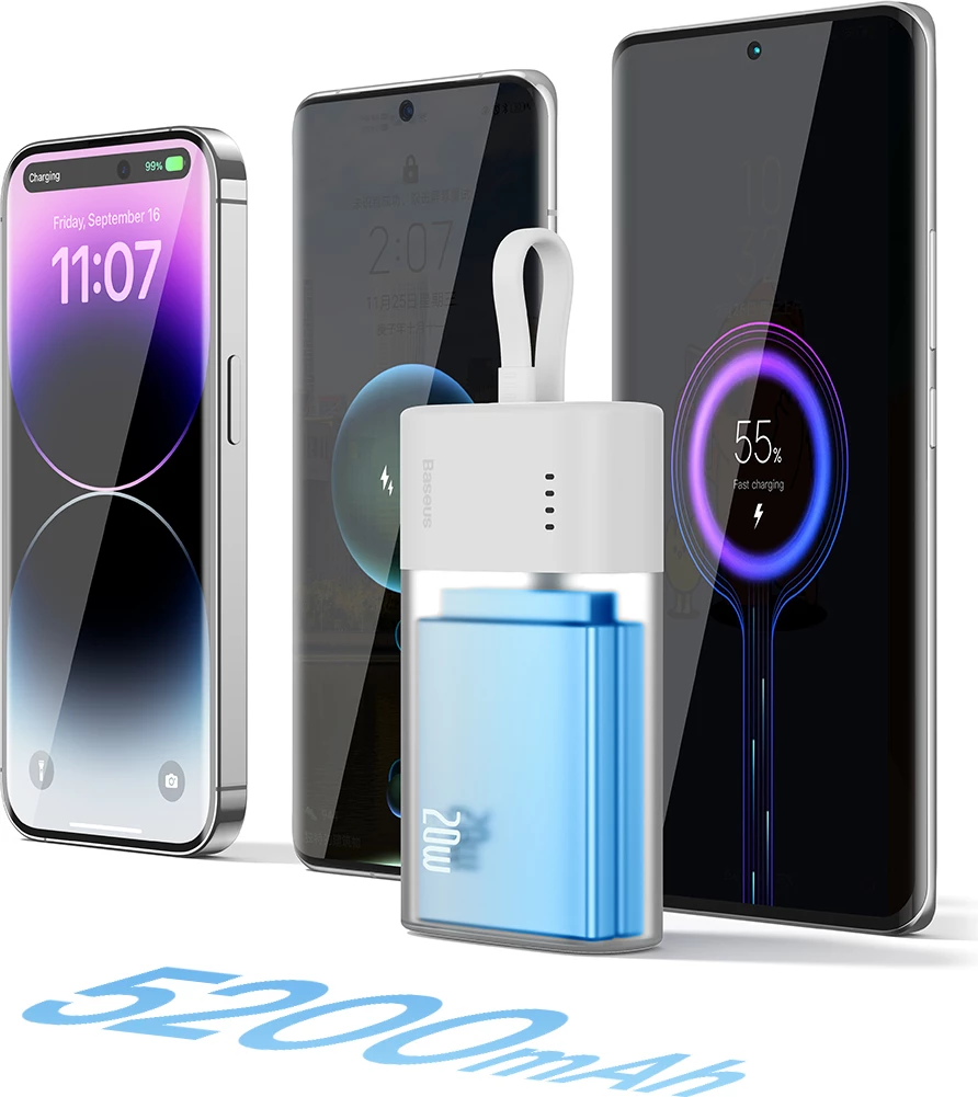 Powerbank zunanji polnilec Baseus Popsicle 5200 mAh, 20W, z vgrajenim Lightning kablom + USB-C na USB-C kablom 60W, bela-zelena