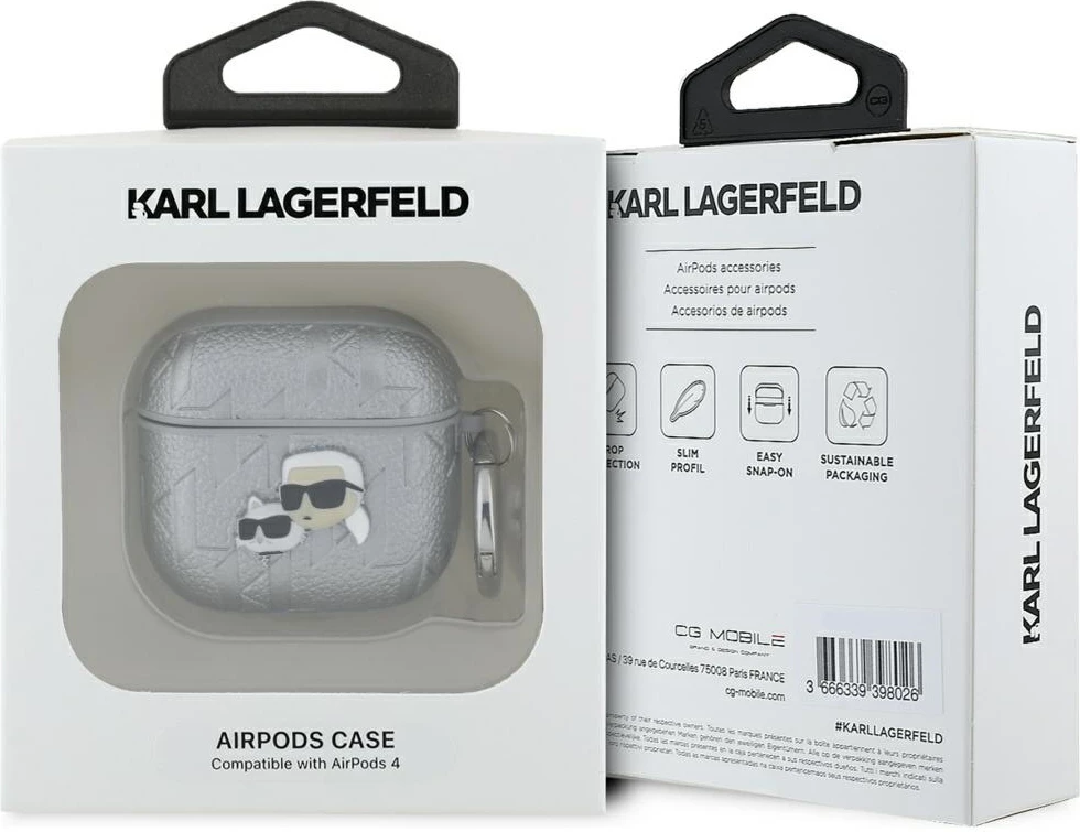 Ovitek za AirPods 4 Karl Lagerfeld Monogram Karl & Choupette Head, srebrn