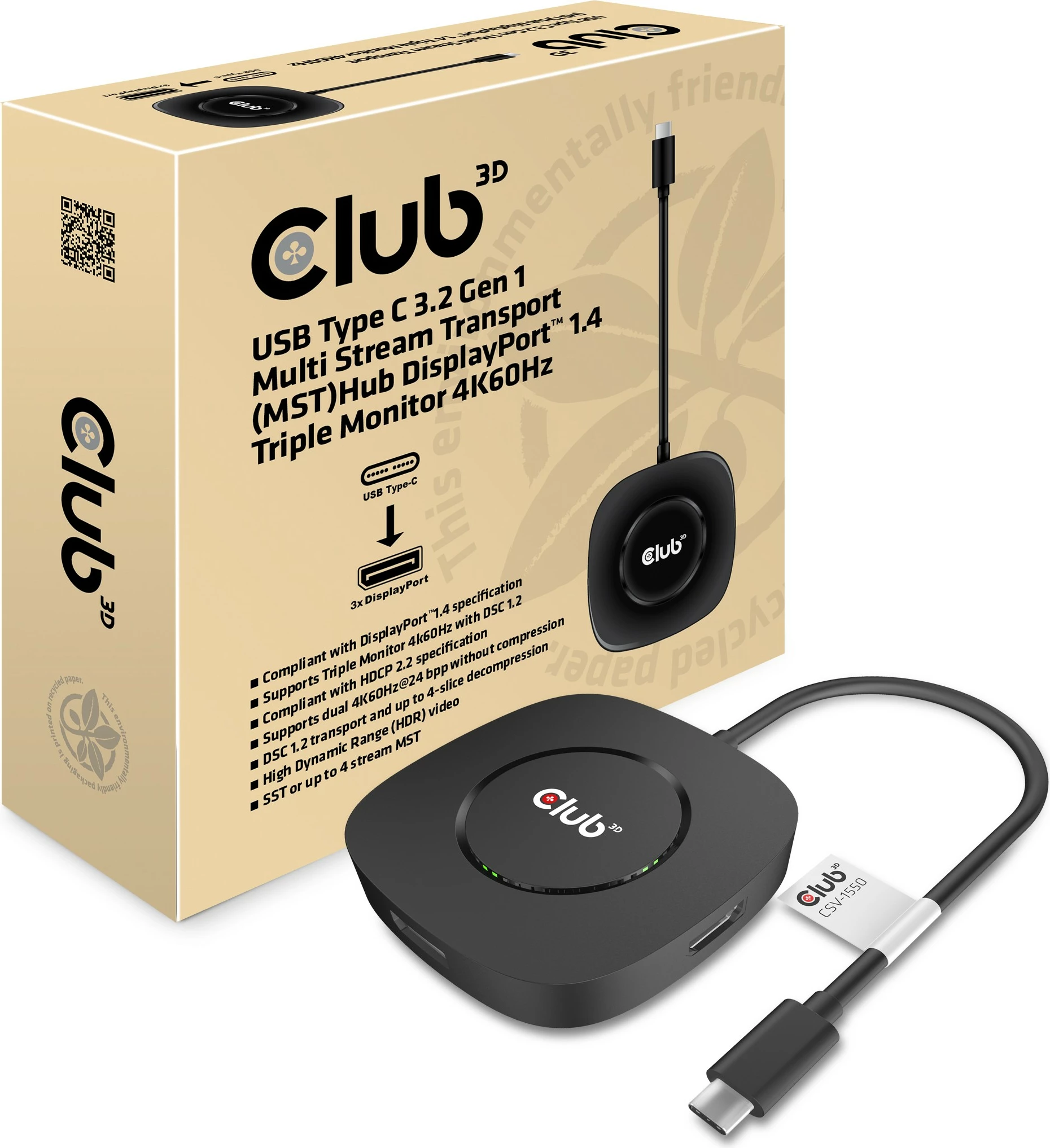 Adapter za razširitev zaslona Club3D CSV-1450, USB-C na 3x DisplayPort 1.4, črn