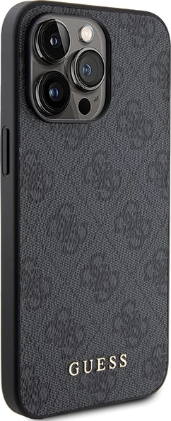 Ovitek za telefon z zlatim metalnim logotipom 4G Guess za iPhone 15 Pro Max, siv