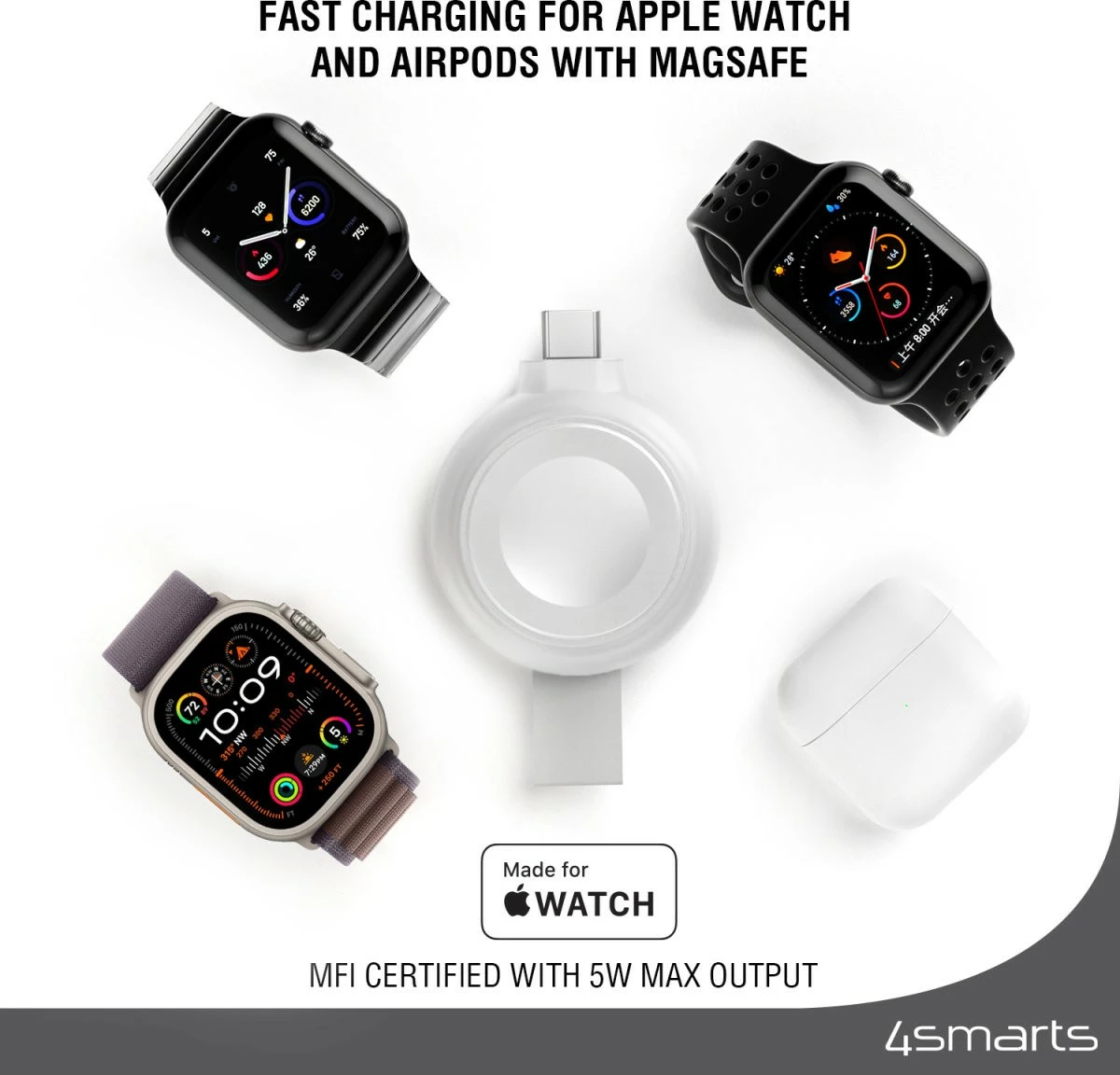 Hiter polnilec za Apple Watch 4smarts MFi, USB-C, srebrn