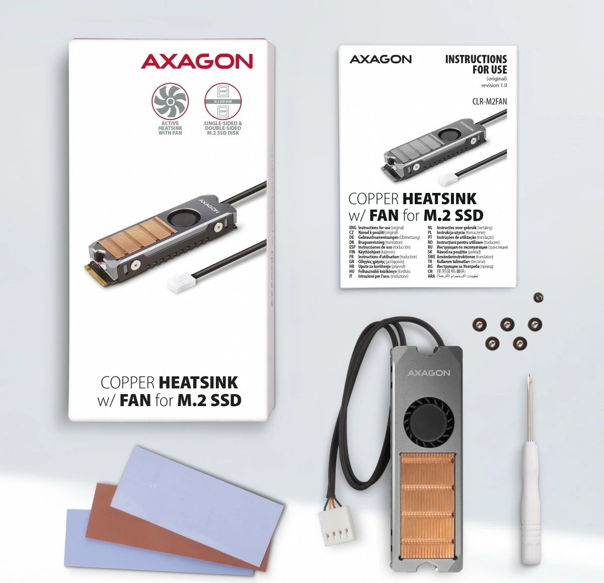 Aktivni hladilnik za SSD M.2 AXAGON CLR-M2FAN, baker, 76x24x12 mm