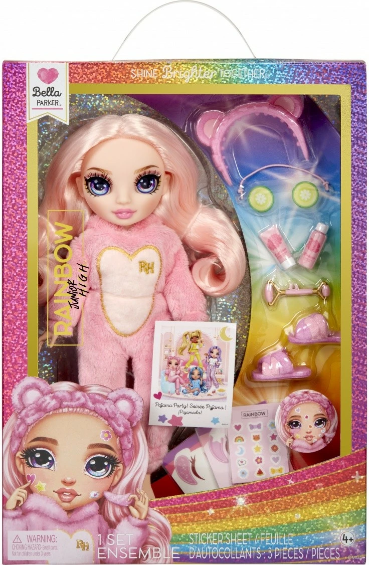 Lutka za pižamsko zabavo Rainbow High Junior High Bella Pink, z dodatki, rožnata
