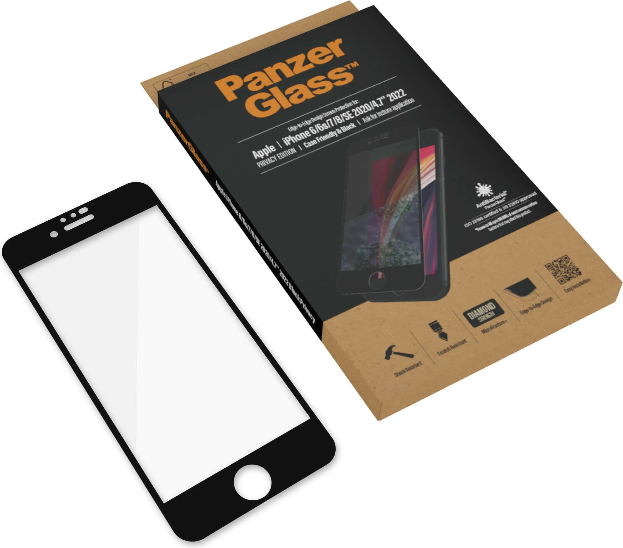 Zaščitno steklo PanzerGlass za iPhone 6/7/8/SE 2020/2022, prozorno, črn okvir