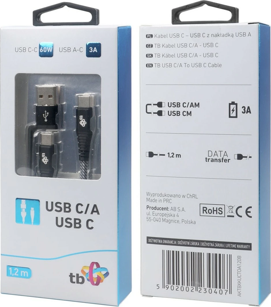 Kabel 2-v-1 TB USB C v USB C s priključkom USB A, 1,2 m, črn