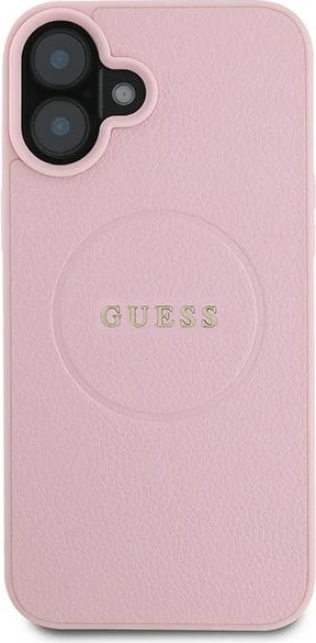 Ovitek za telefon z zrnato zlatim obročem MagSafe za iPhone 16 Plus, Guess, rožnat