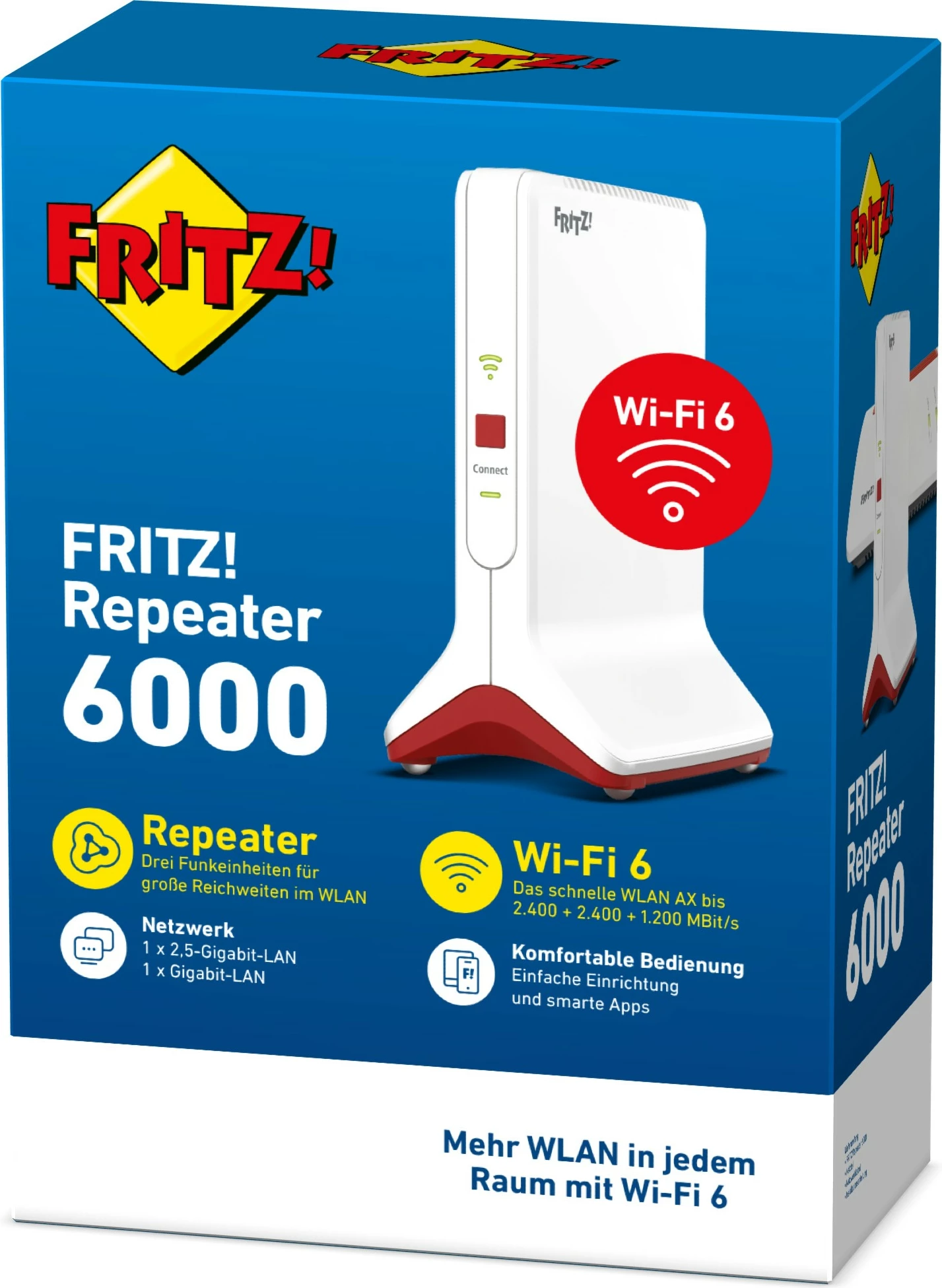 Prenosni usmerjevalnik FRITZ!Repeater 6000, Wi‑Fi 6, tri‑pasovni, Ethernet LAN, rdeče, belo