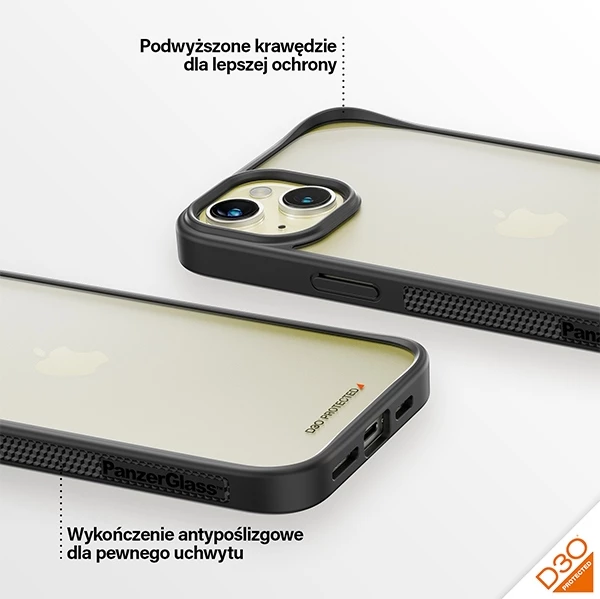Ovitek za telefon PanzerGlass ClearCase za iPhone 15 Plus / 14 Plus, D3O, prozoren in črn