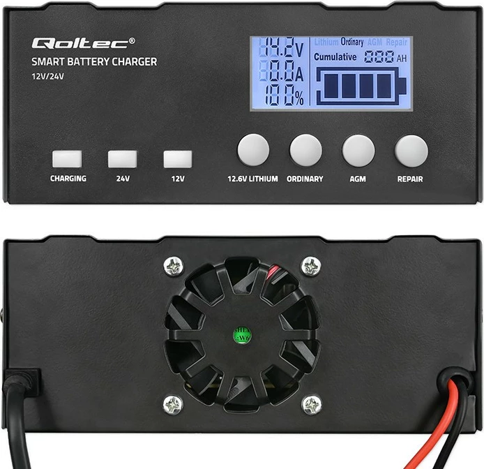 Pameten polnilec baterije Qoltec 52491, 12 V/12.6 V/24 V, funkcija obnove, LCD, črn