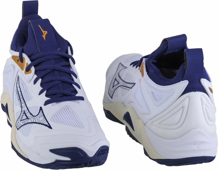 Volejbolske atlete Mizuno Wave Momentum 3, bele z globokomodrimi