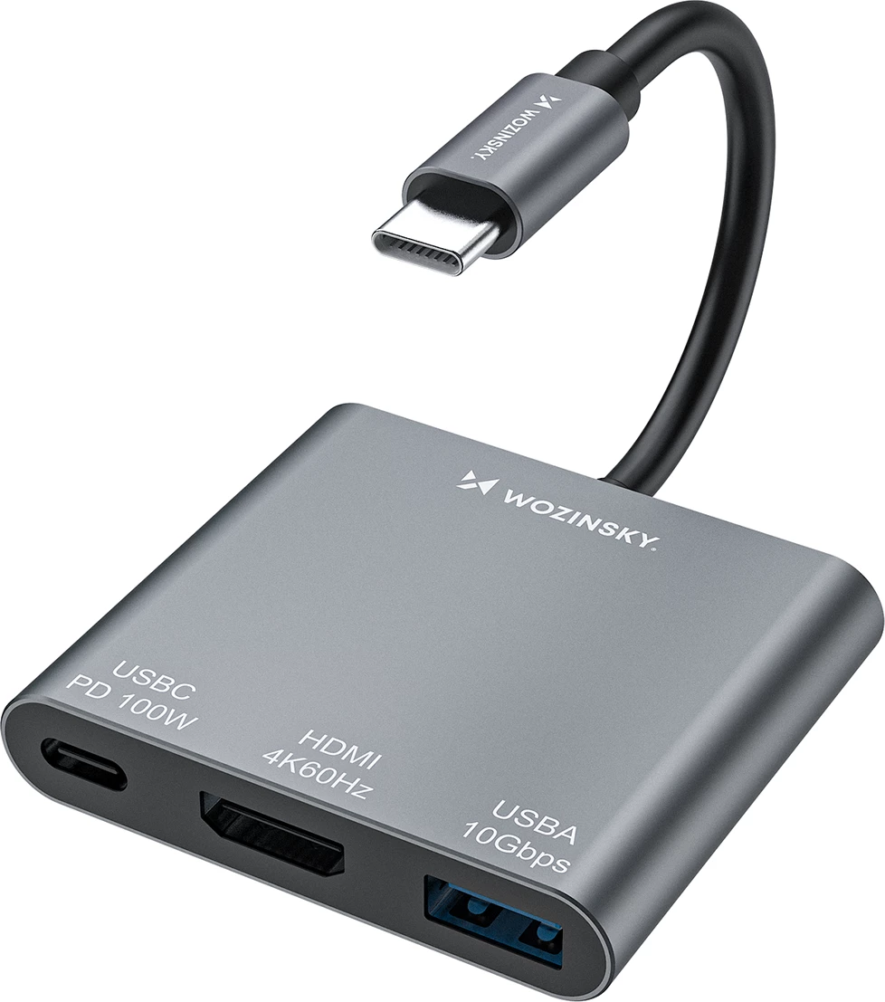 USB-C hub PD 100W, HDMI 4K@30Hz, USB-A 10Gbps — Wozinsky WHCH-01, siv