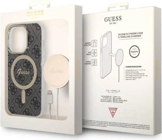 Trd ovitek z brezžičnim polnilcem za iPhone 14 Pro 6,1", Guess GUBPP14LH4EACSK, 4G Print, črn