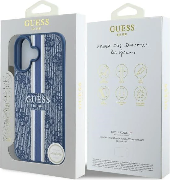 Zaščitni ovoj z natisnjenimi črtami 4G MagSafe za iPhone 16, Guess, modra